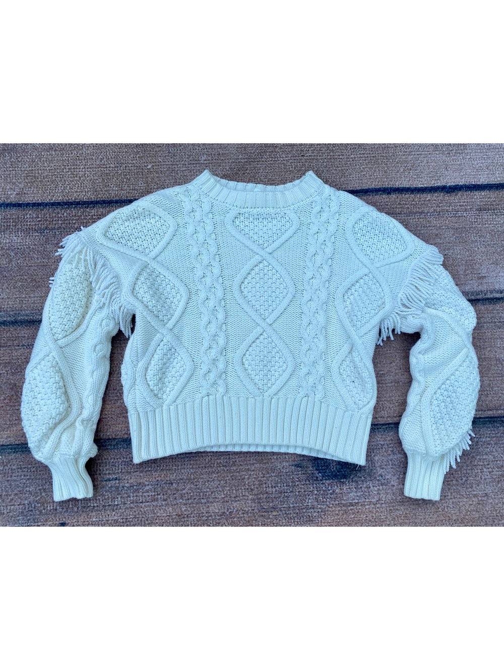 Coastal fisherman chunky cable knit fringe pullover cropped sweater cream small